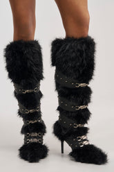 AKIRA GOLD DARIO BLACK FUR WITH STRAPS KNEE HIGH BOOT