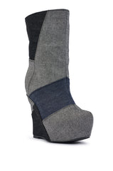 AKIRA GOLD HELISENT DENIM PATCHWORK WEDGE BOOTIE