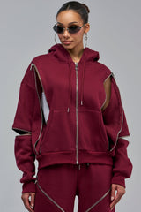 CALI MULTI ZIPPER HOODED SWEATSHIRT IN BURGUNDY