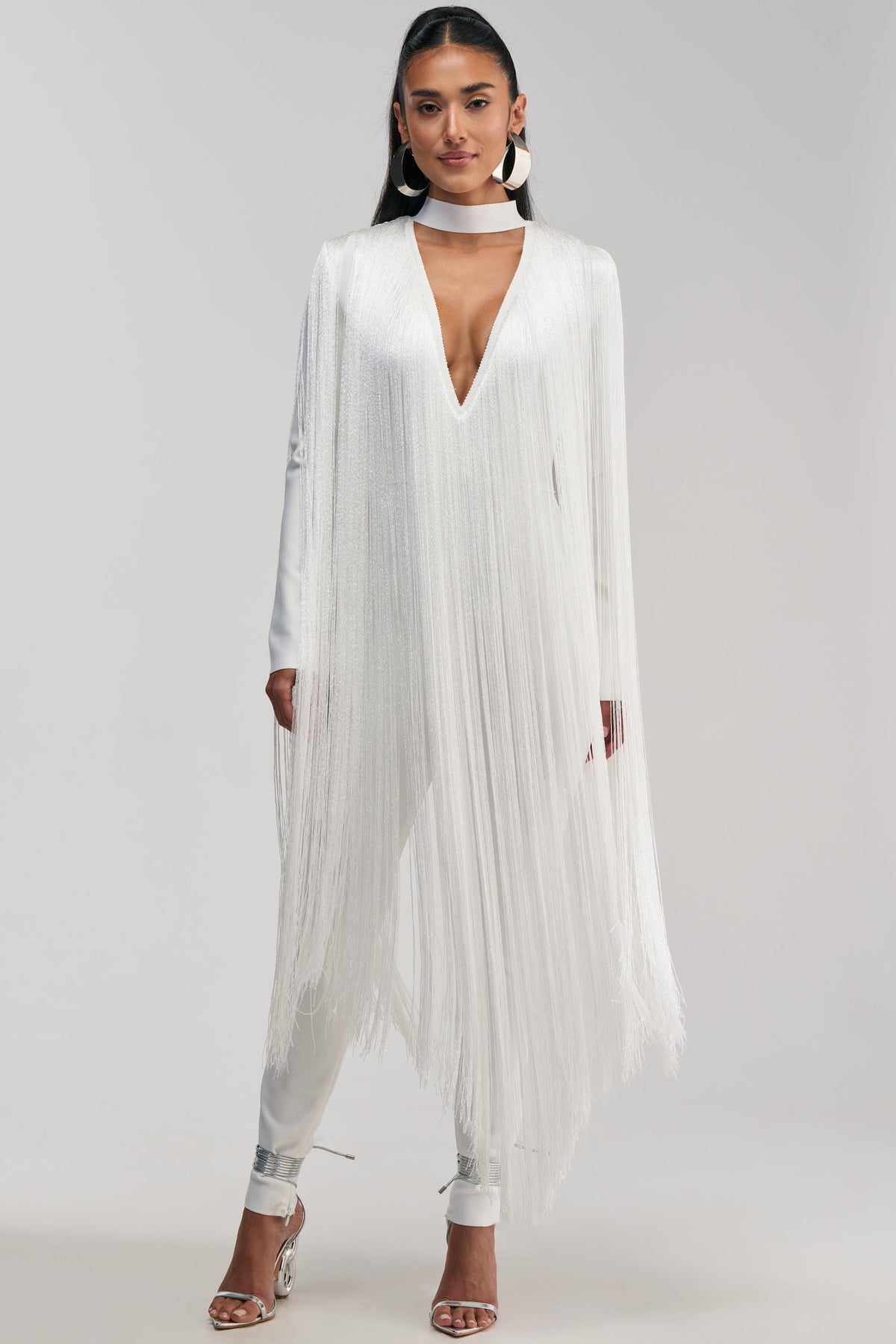 BELLE BANDAGE JUMPSUIT WITH FRINGE IN WHITE