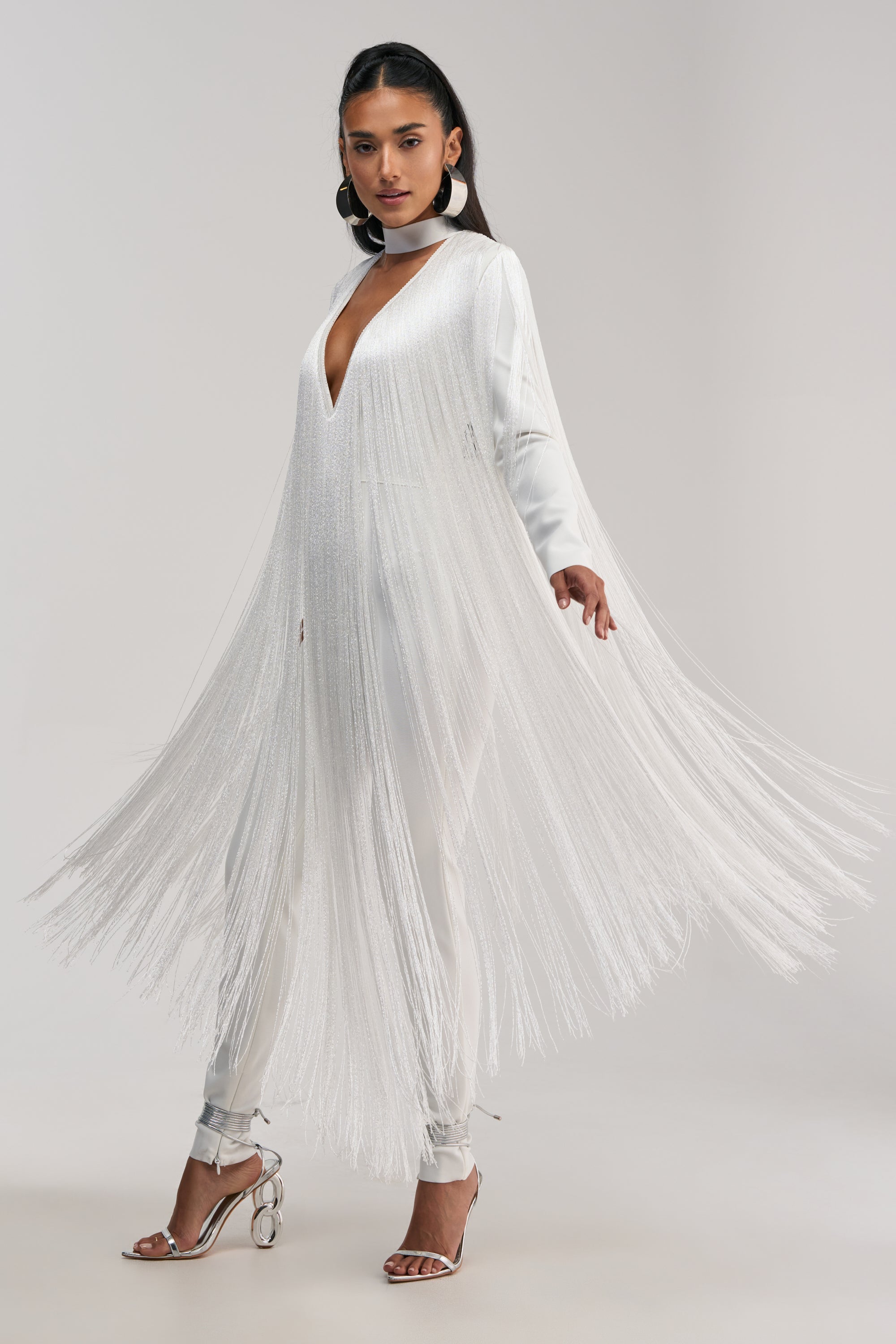 BELLE BANDAGE JUMPSUIT WITH FRINGE IN WHITE