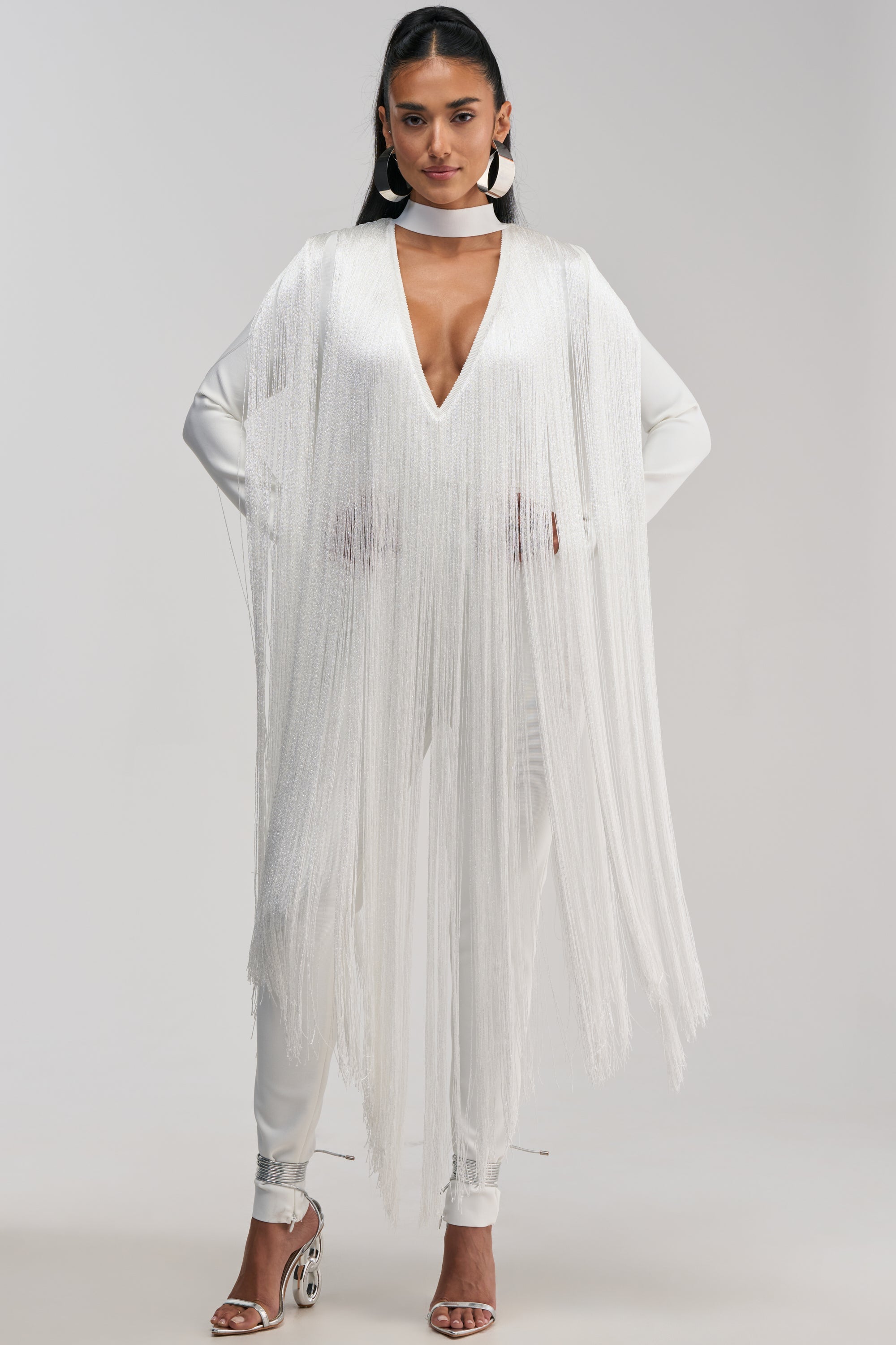 BELLE BANDAGE JUMPSUIT WITH FRINGE IN WHITE