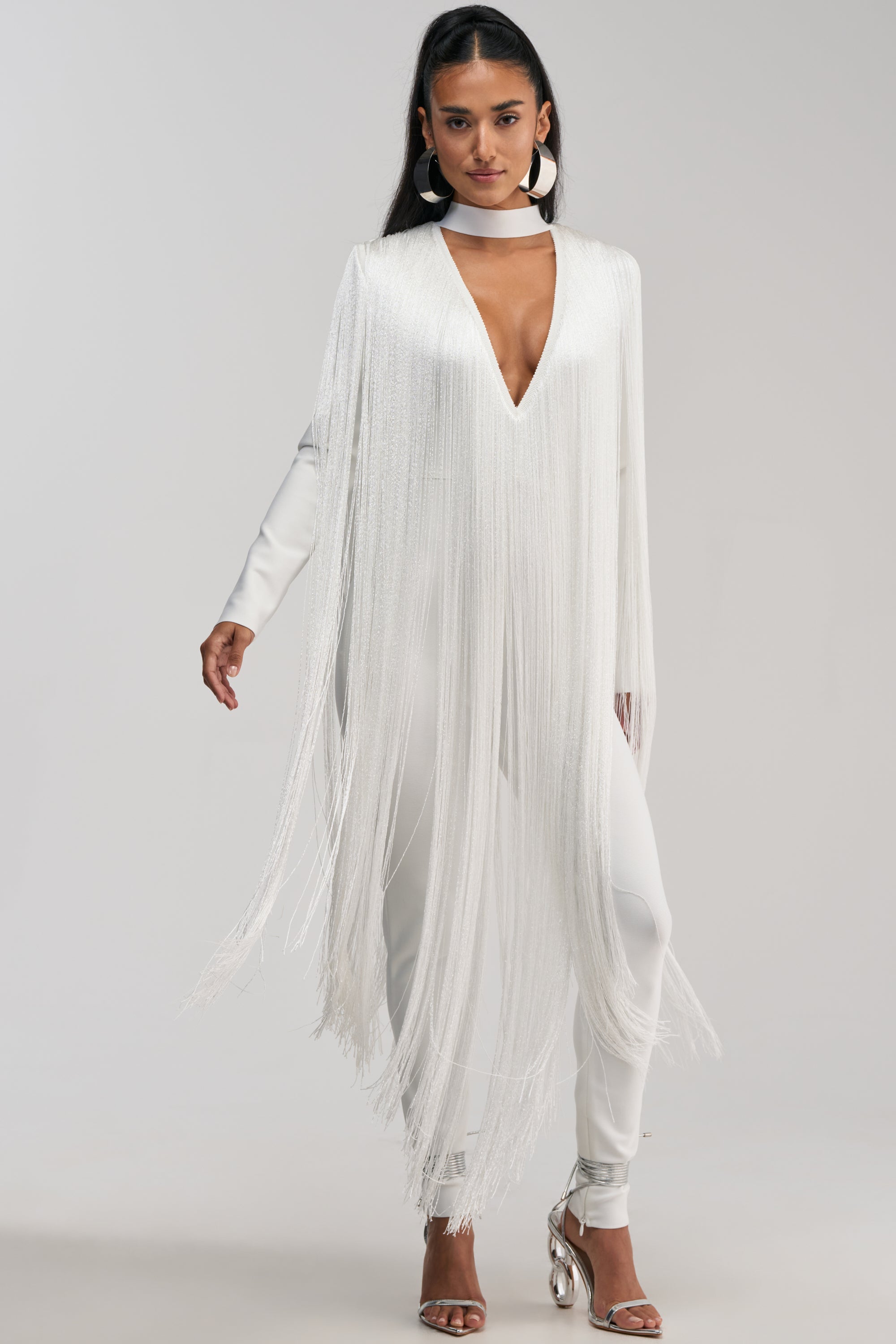 BELLE BANDAGE JUMPSUIT WITH FRINGE IN WHITE