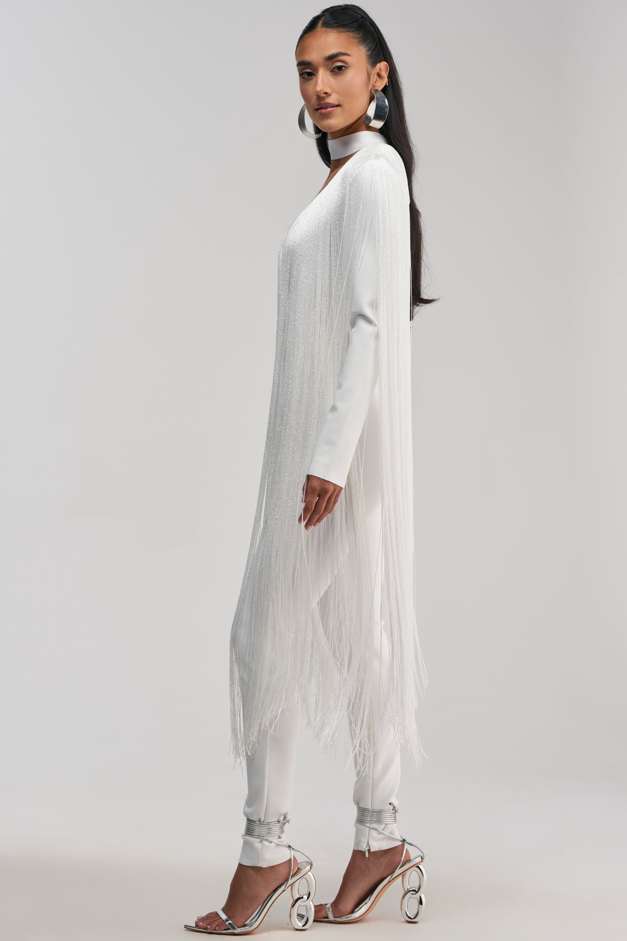 BELLE BANDAGE JUMPSUIT WITH FRINGE IN WHITE