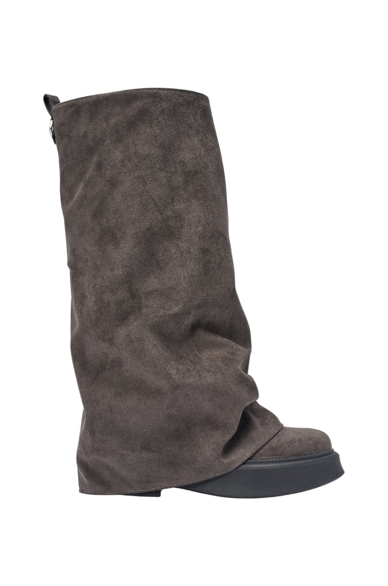 AZALEA WANG ASTRID GREY FAUX SUEDE FLATFORM COMBAT BOOT