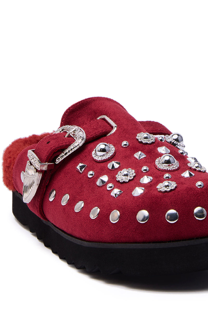 AZALEA WANG CHATTER BURGUNDY FUR SLIP ON CLOG
