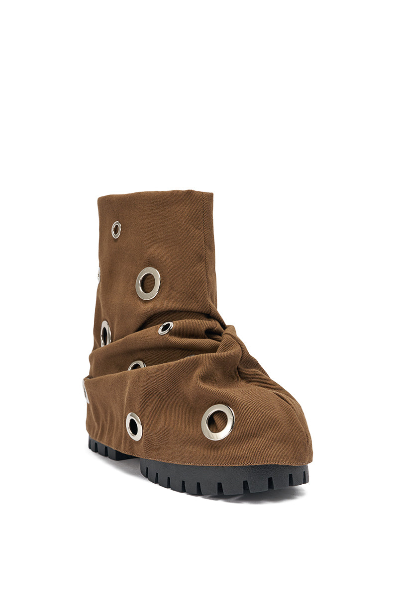 AKIRA GOLD FABLE BROWN GROMMET EMBELLISHED FLAT BOOTIE