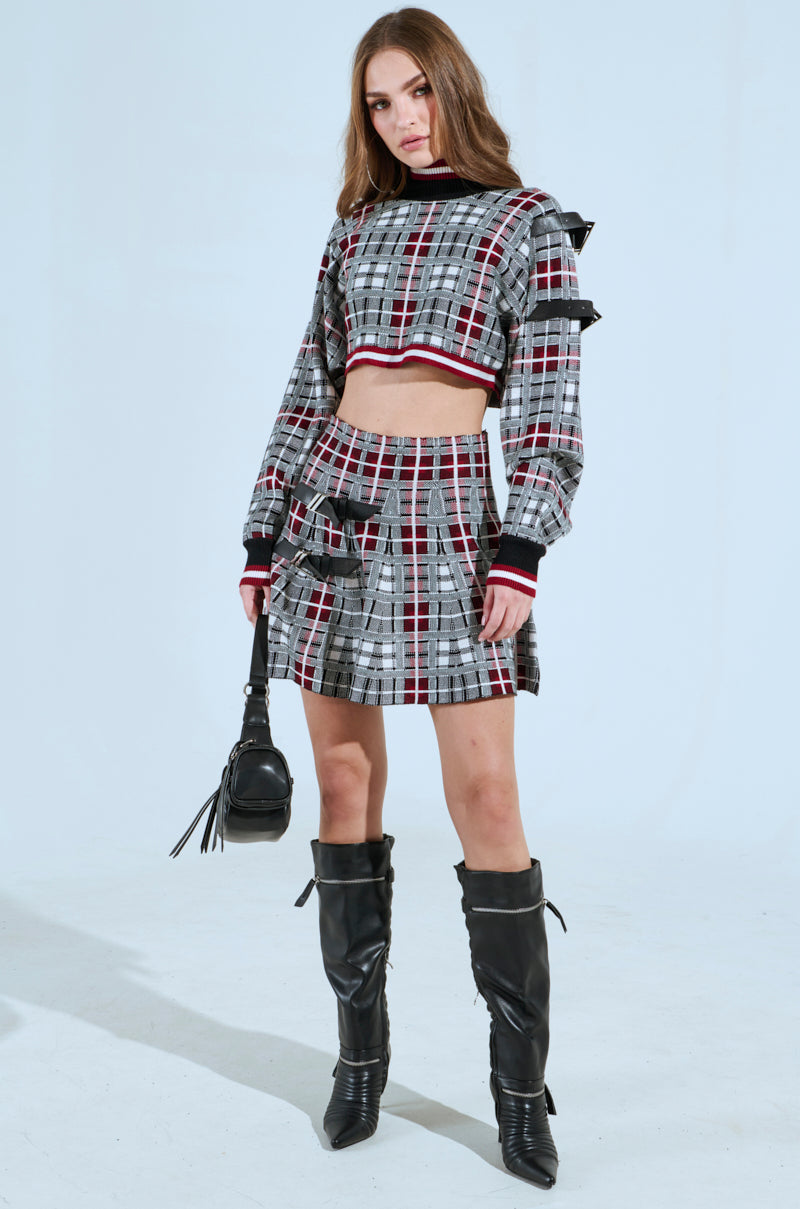 ALL EYES ON ME MOCK NECK BUCKLE SLEEVE DETAIL SWEATER