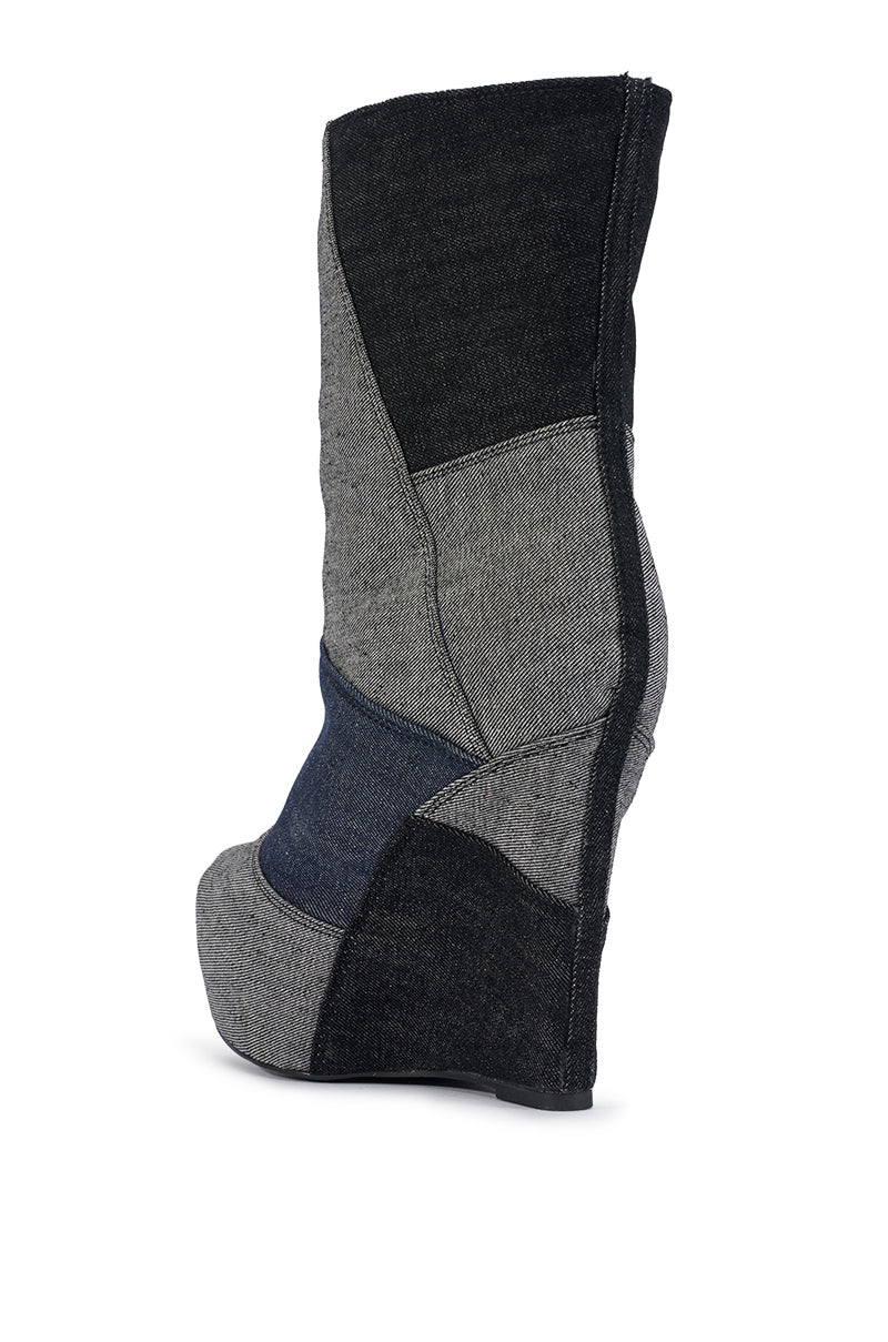 AKIRA GOLD HELISENT DENIM PATCHWORK WEDGE BOOTIE