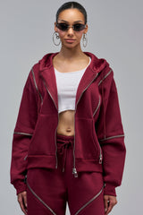 CALI MULTI ZIPPER HOODED SWEATSHIRT IN BURGUNDY