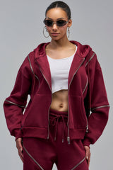 CALI MULTI ZIPPER HOODED SWEATSHIRT IN BURGUNDY