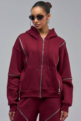 CALI MULTI ZIPPER HOODED SWEATSHIRT IN BURGUNDY
