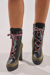 AKIRA GOLD MUFFLER GREEN MULTI BLOCK HEEL BOOTIE