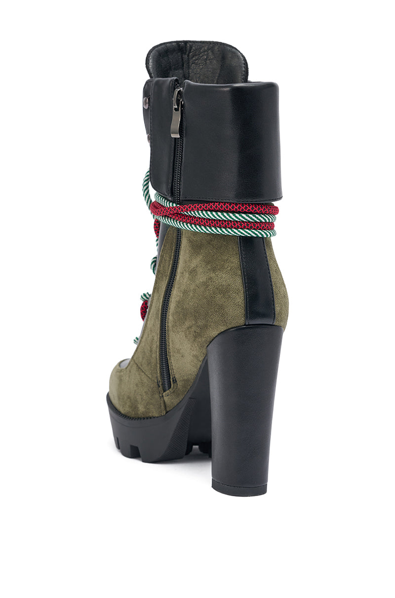 AKIRA GOLD MUFFLER GREEN MULTI BLOCK HEEL BOOTIE