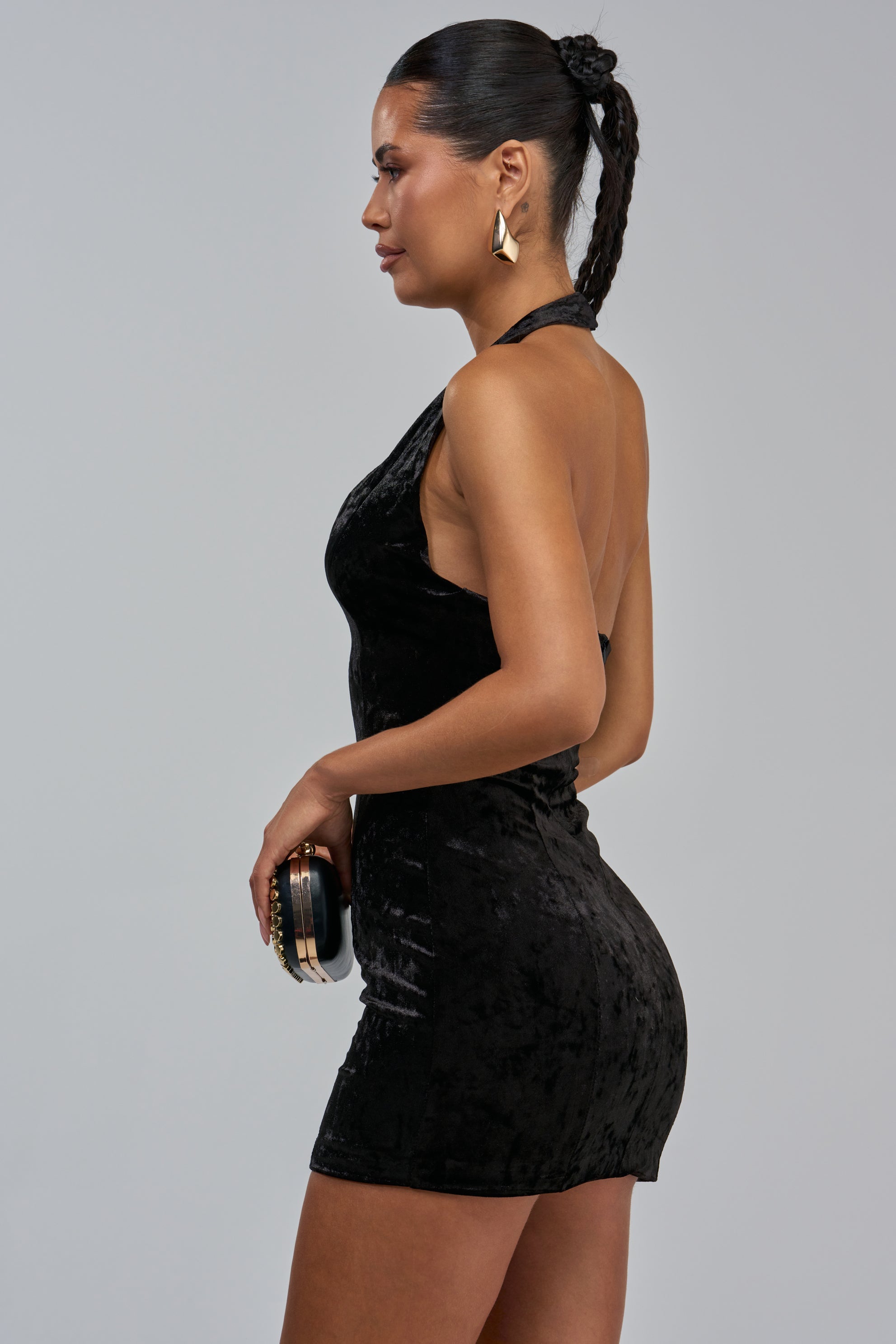 ALL ABOUT THE BODY VELVET MINI DRESS IN BLACK