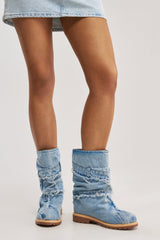 AKIRA GOLD PAPILLION DENIM FLAT BOOTIE