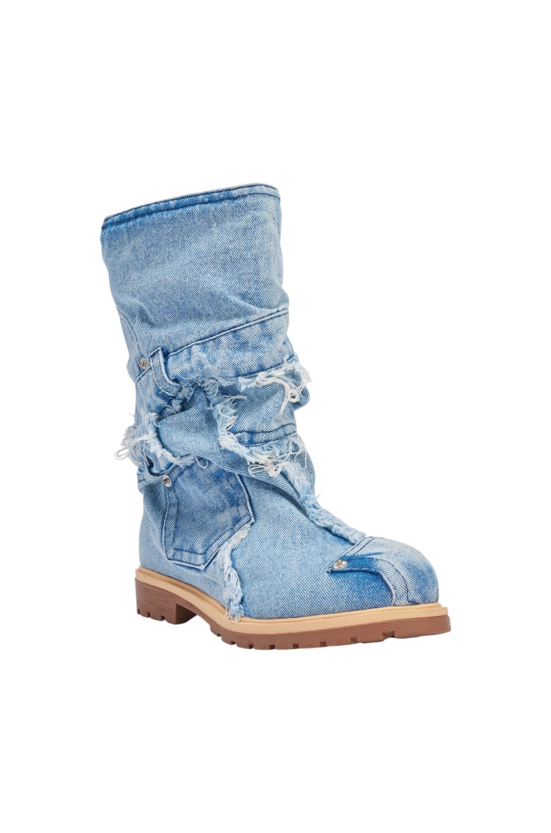AKIRA GOLD PAPILLION DENIM FLAT BOOTIE