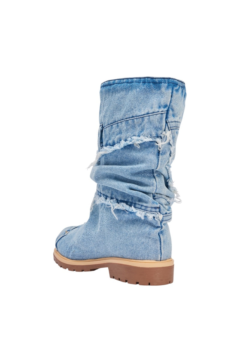 AKIRA GOLD PAPILLION DENIM FLAT BOOTIE