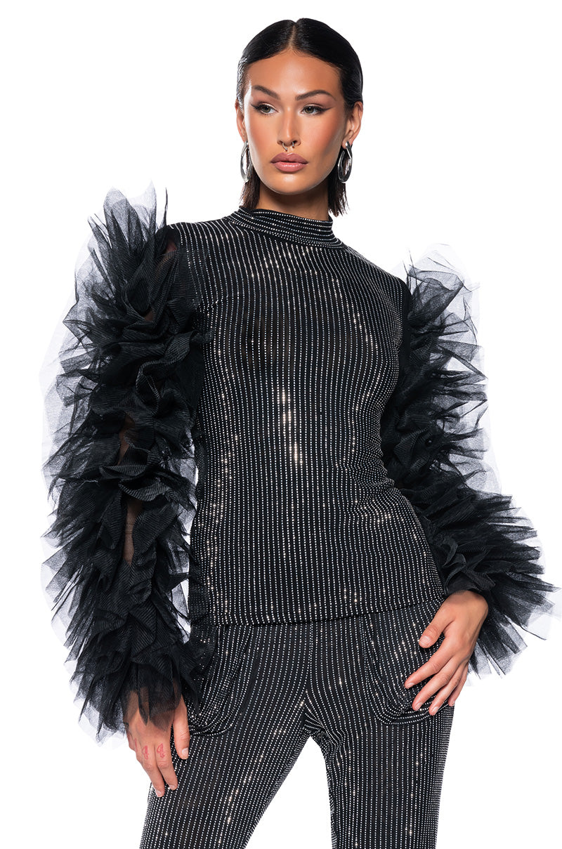 AFTER HOURS RHINESTONE EMBELLISHED TULLE SLEEVE TOP IN BLACK