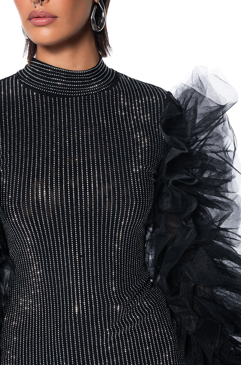 AFTER HOURS RHINESTONE EMBELLISHED TULLE SLEEVE TOP IN BLACK