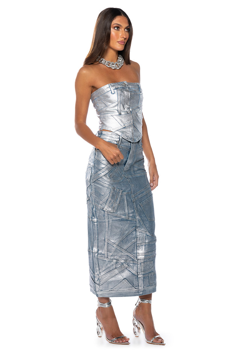 ALIYAH METALLIC DENIM TUBE TOP