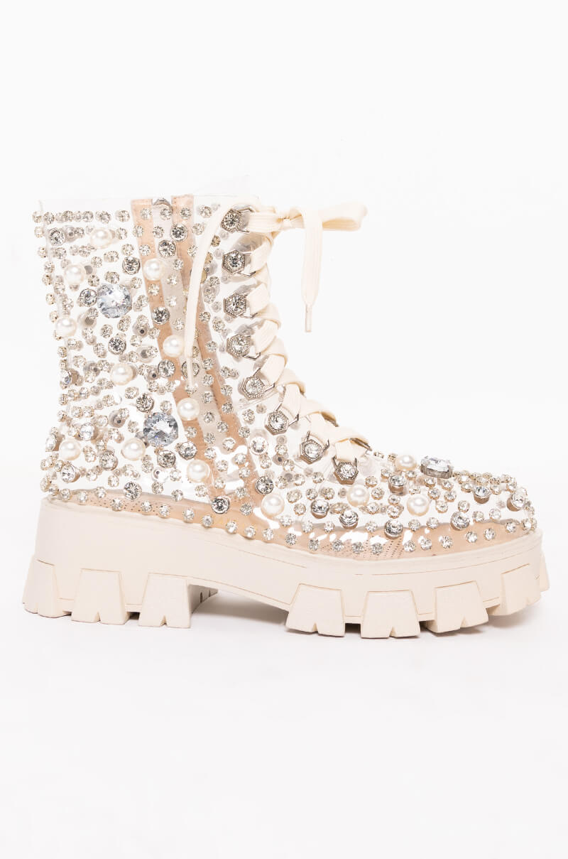 AZALEA WANG DRIPPING IN PEARLS FLATFORM BOOTIE IN NUDE