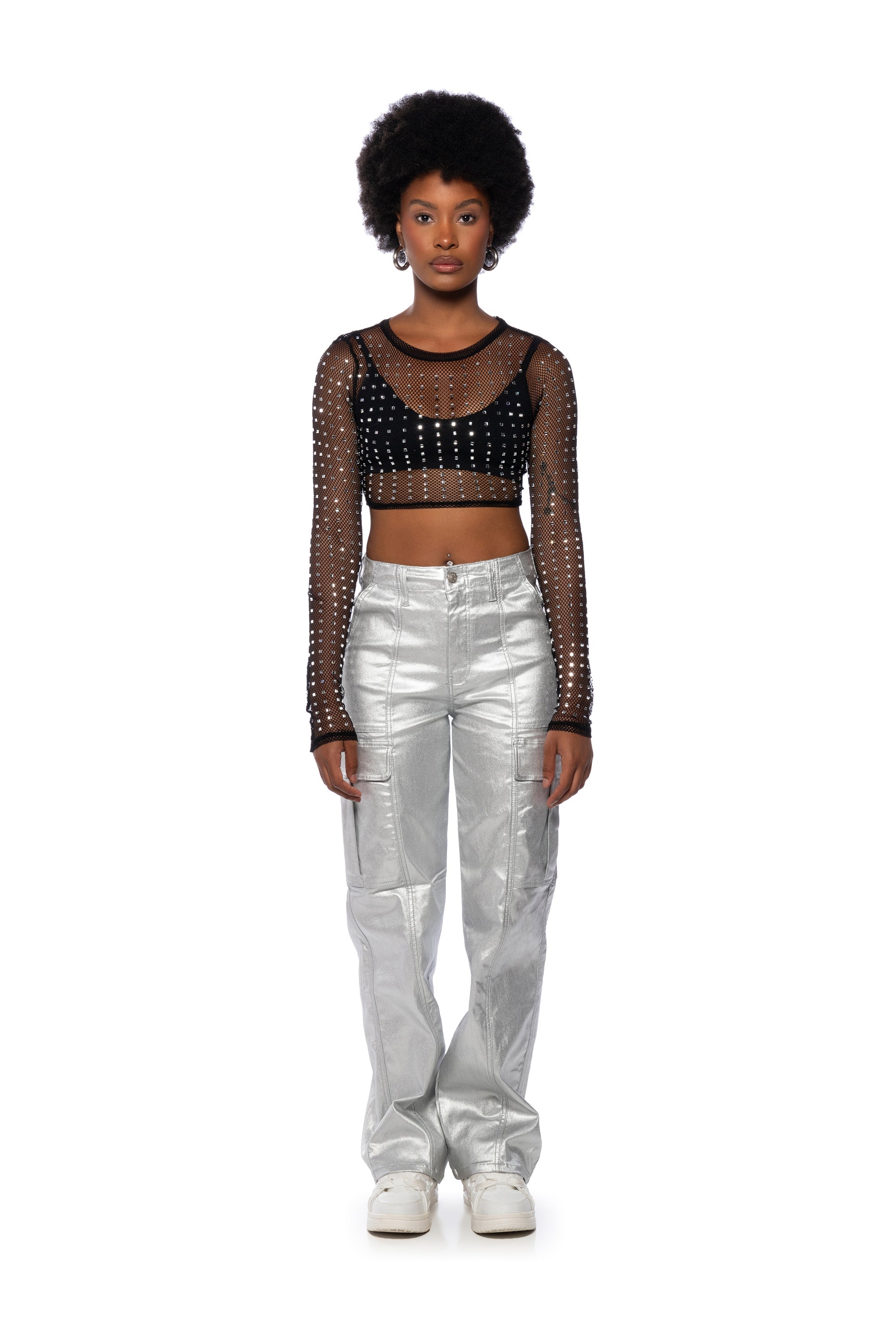 BEJEWELED LONG SLEEVE MESH TOP